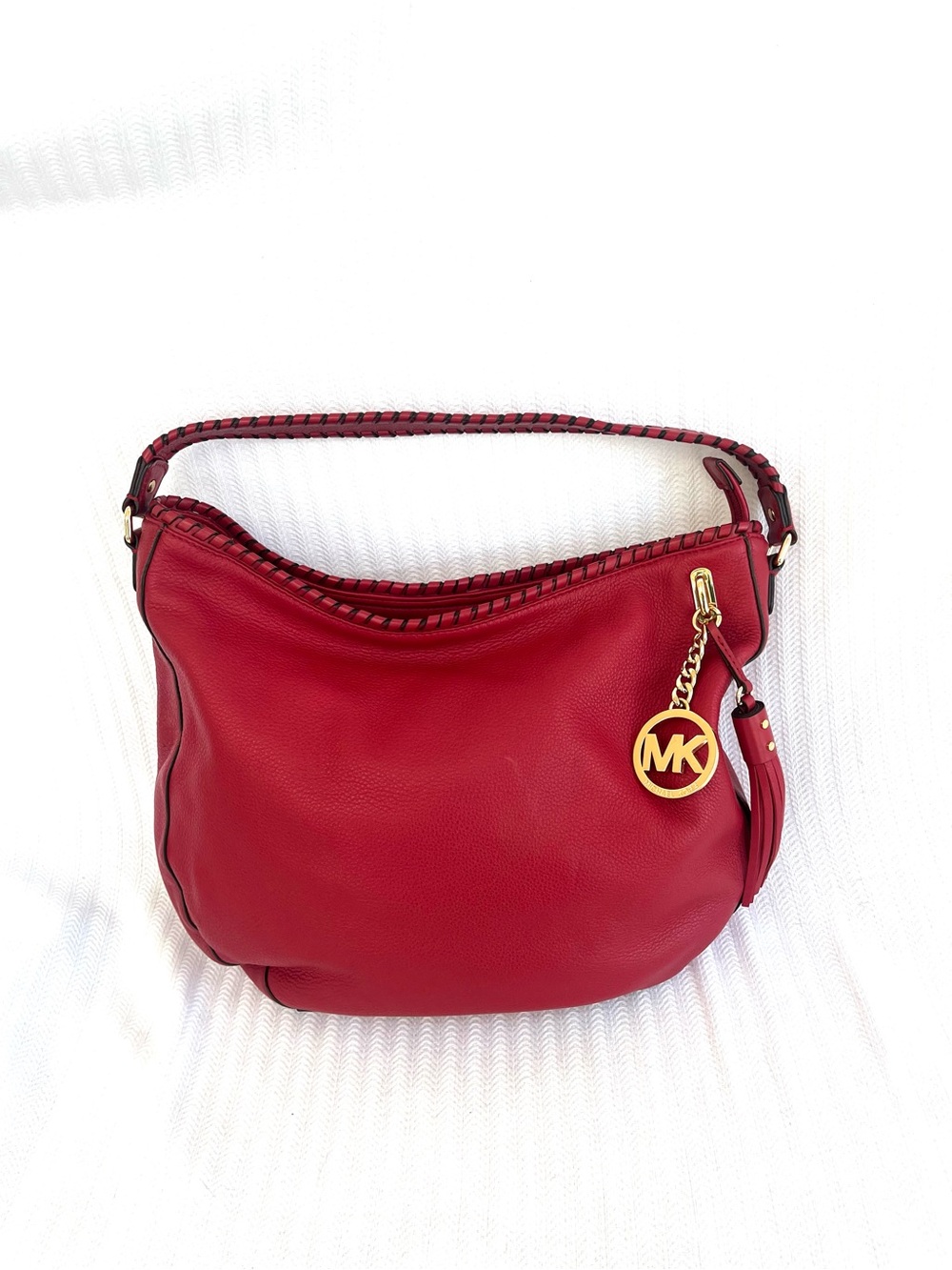 Michael Kors Vintage Red Leather Hobo Shoulder Bag with Gold MK Charm